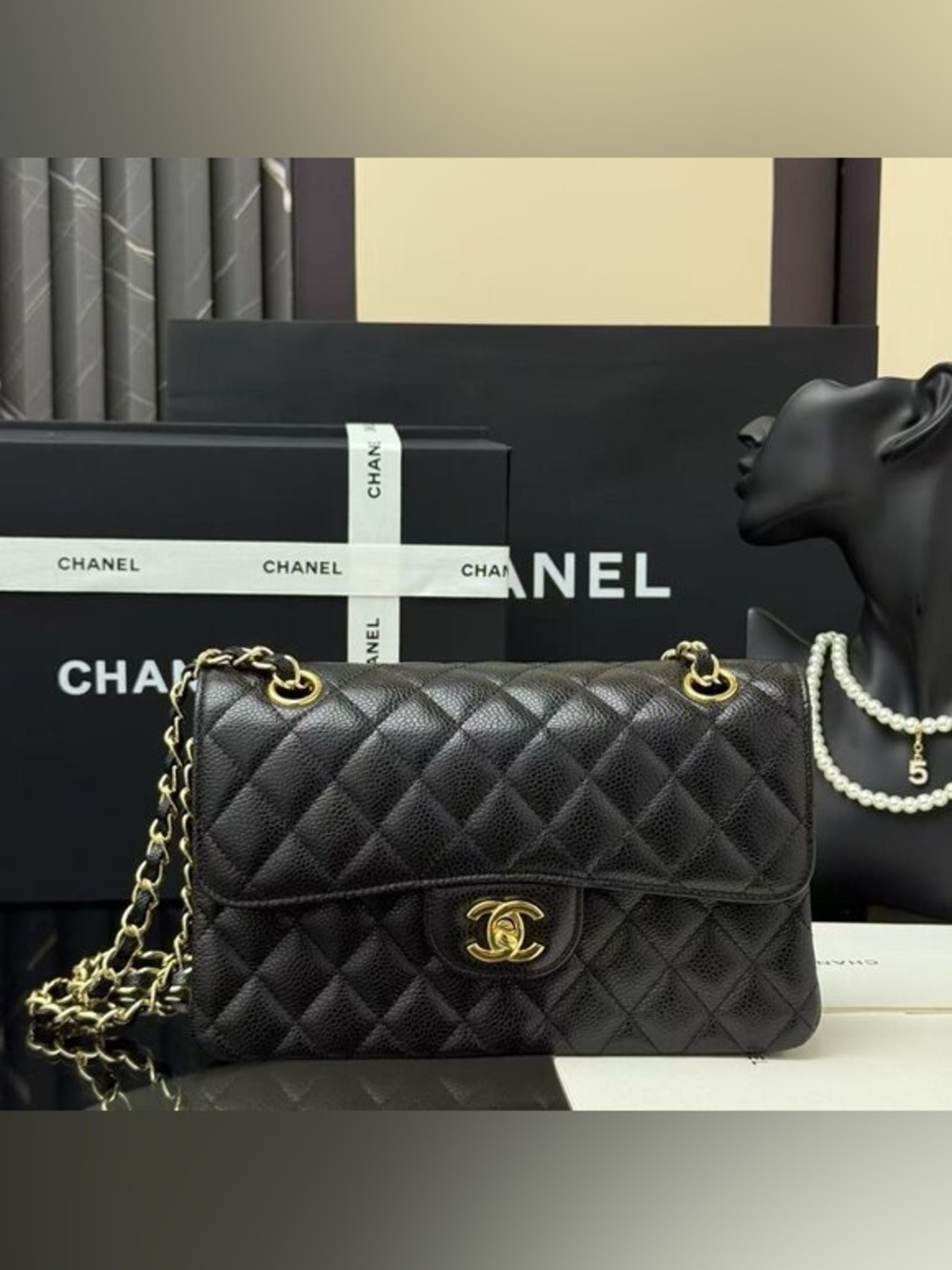Chanel Classic Cavier Gold Leather Bag